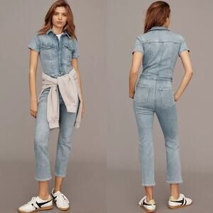NEW GOOD AMERICAN Blue Denim Jean Short Sleeve Straight Leg $218 Jumpsuit L